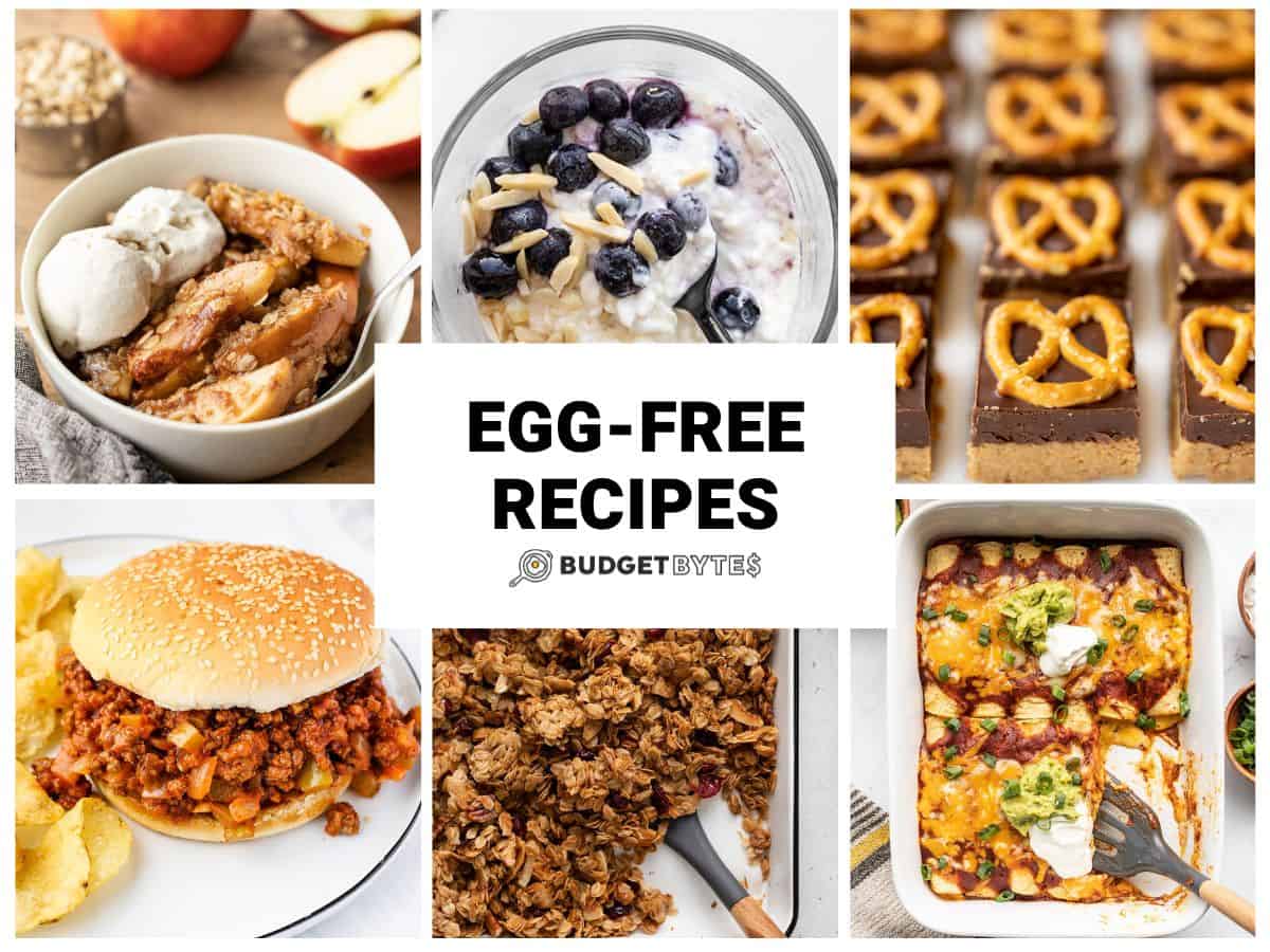 Collage of egg free recipe photos with title text in the center.