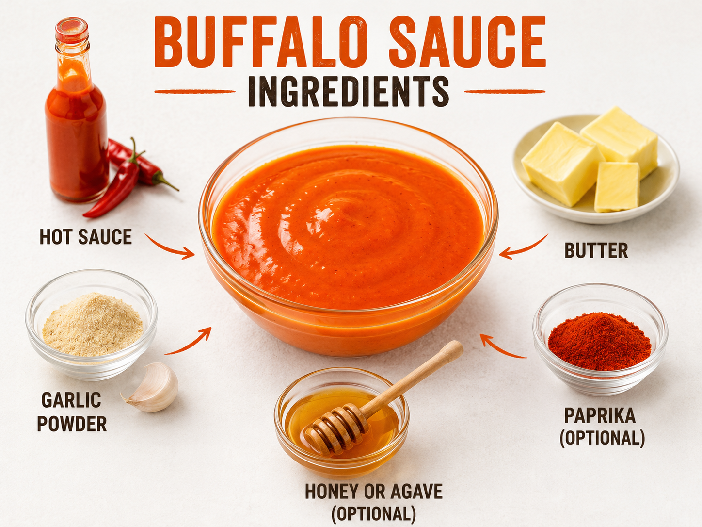 Infographic showing buffalo sauce ingredients: hot sauce, butter, garlic powder, paprika, and honey or agave