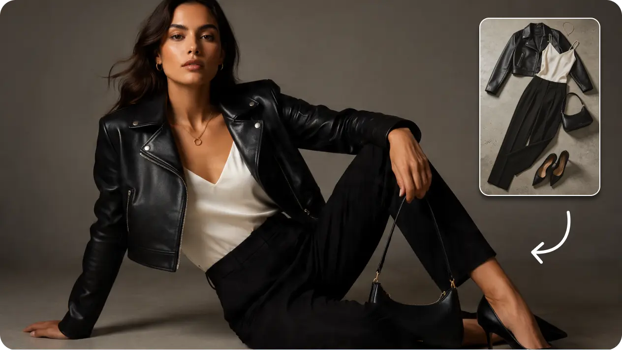 AI-generated model wearing a black leather jacket outfit next to a flat lay of the individual pieces
