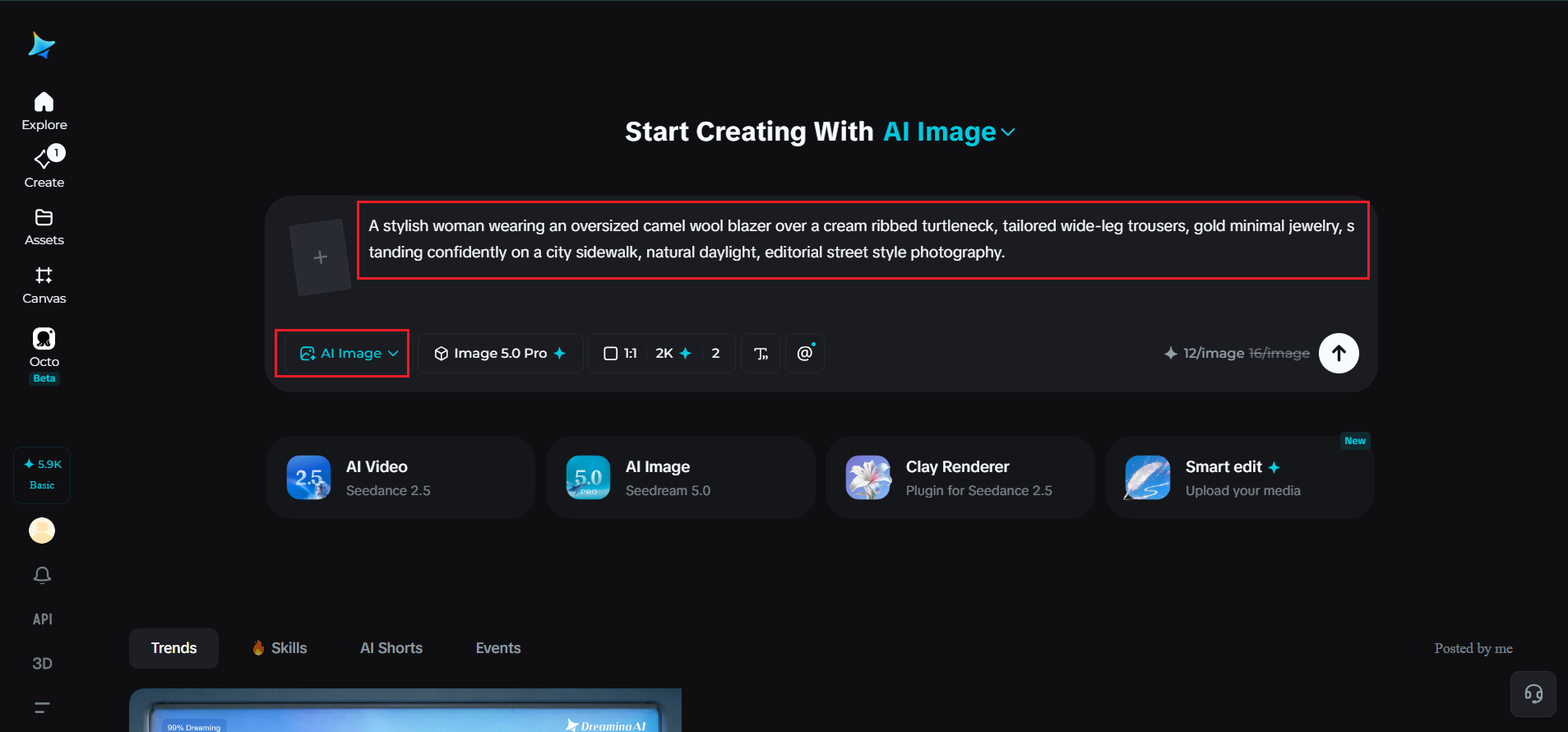 Dreamina AI image generator interface showing a detailed outfit text prompt entered before generation