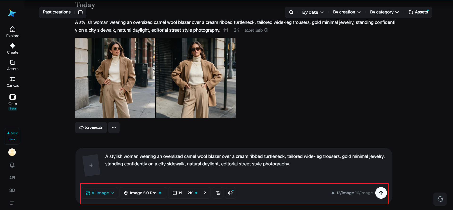 Dreamina interface showing model, aspect ratio, and resolution parameter settings before generating an outfit image