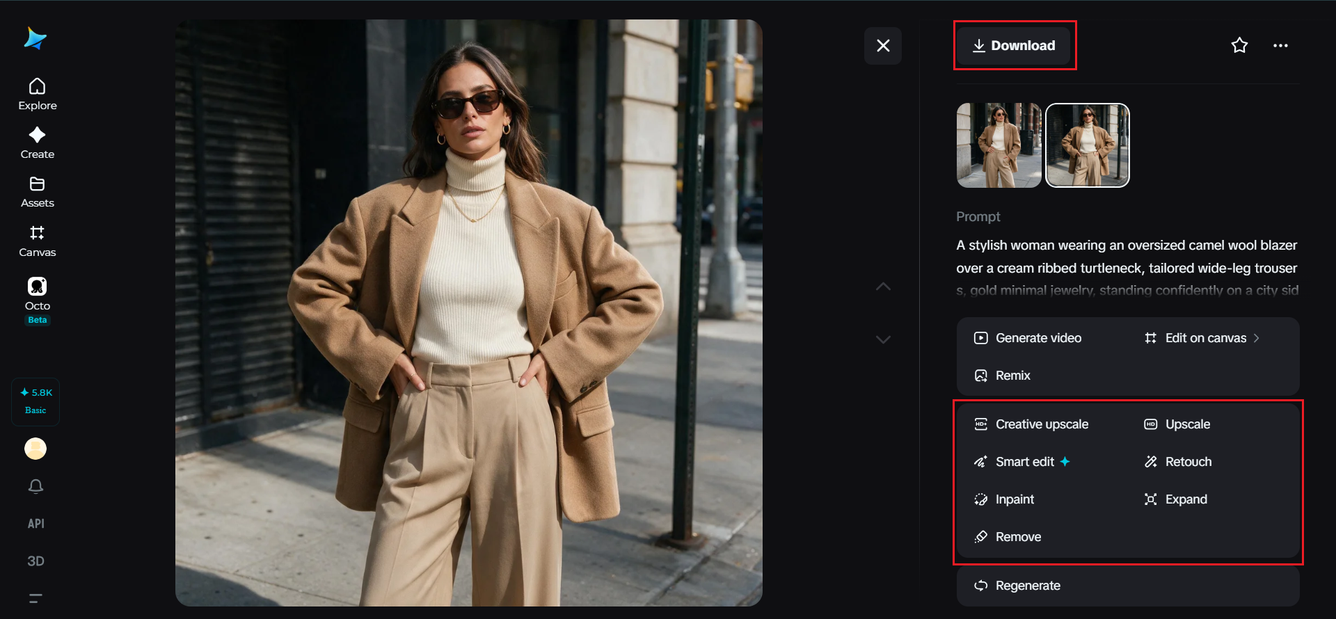 Dreamina AI customization tools including inpaint, expand, remove, and retouch options for an outfit image