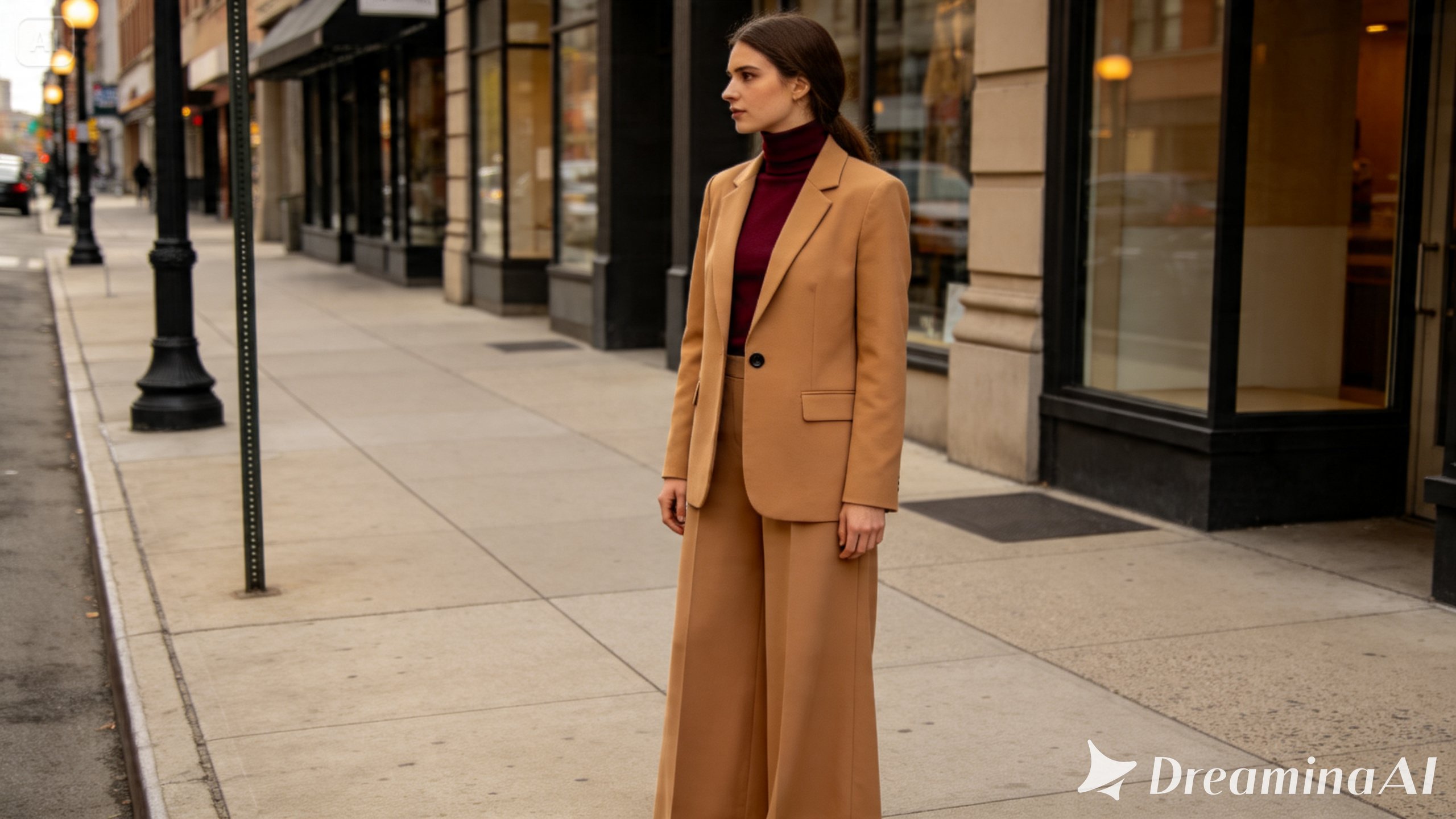 AI-generated woman wearing a camel blazer, burgundy turtleneck, and wide-leg trousers on a city sidewalk