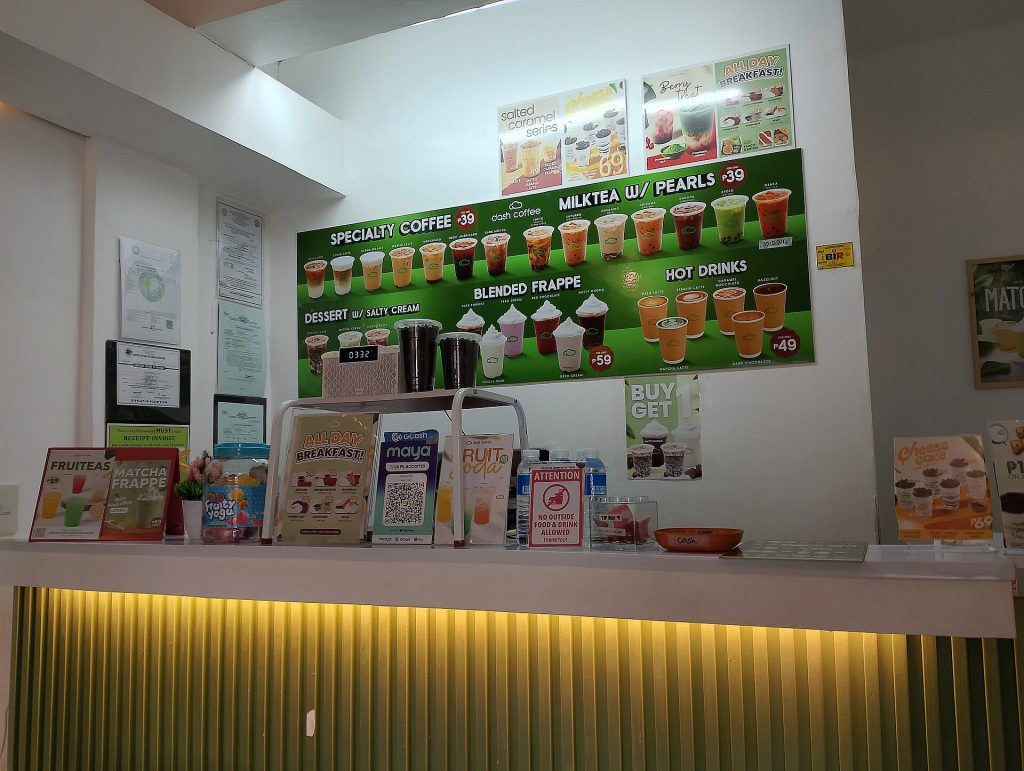 Cafe counter with coffee drinks