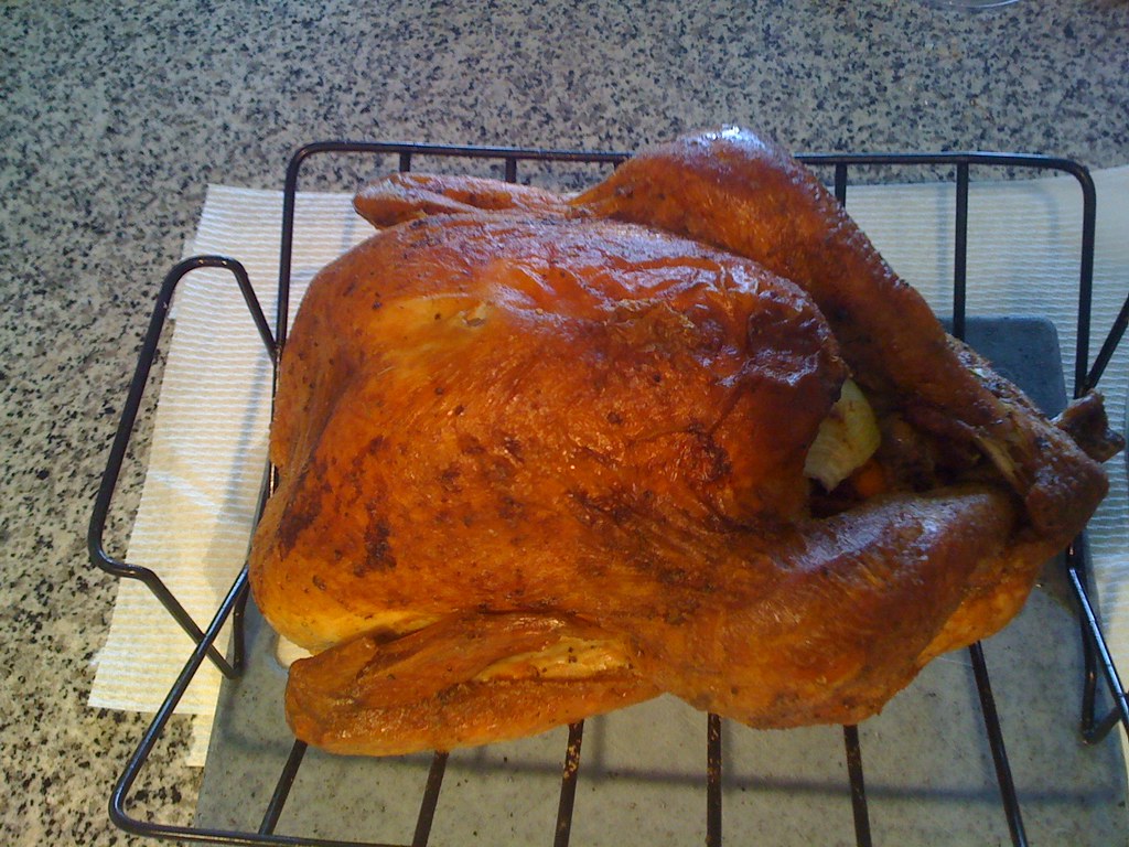Food thermometer checking a roast turkey
