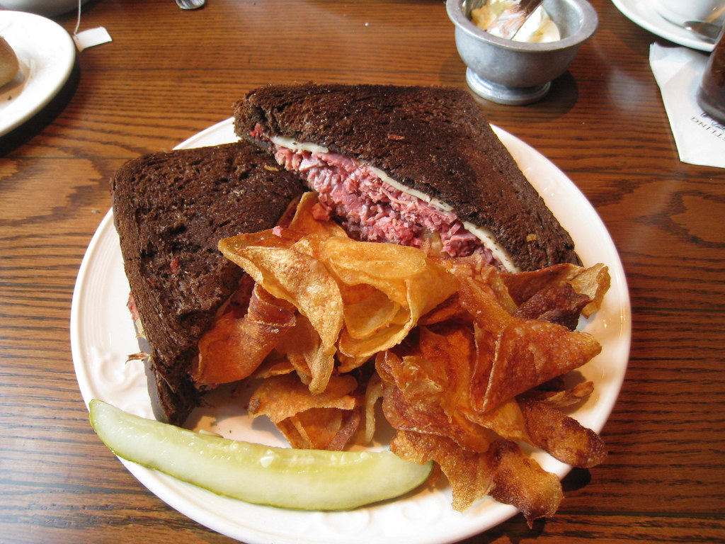 Montreal smoked meat sandwich on rye bread with mustard