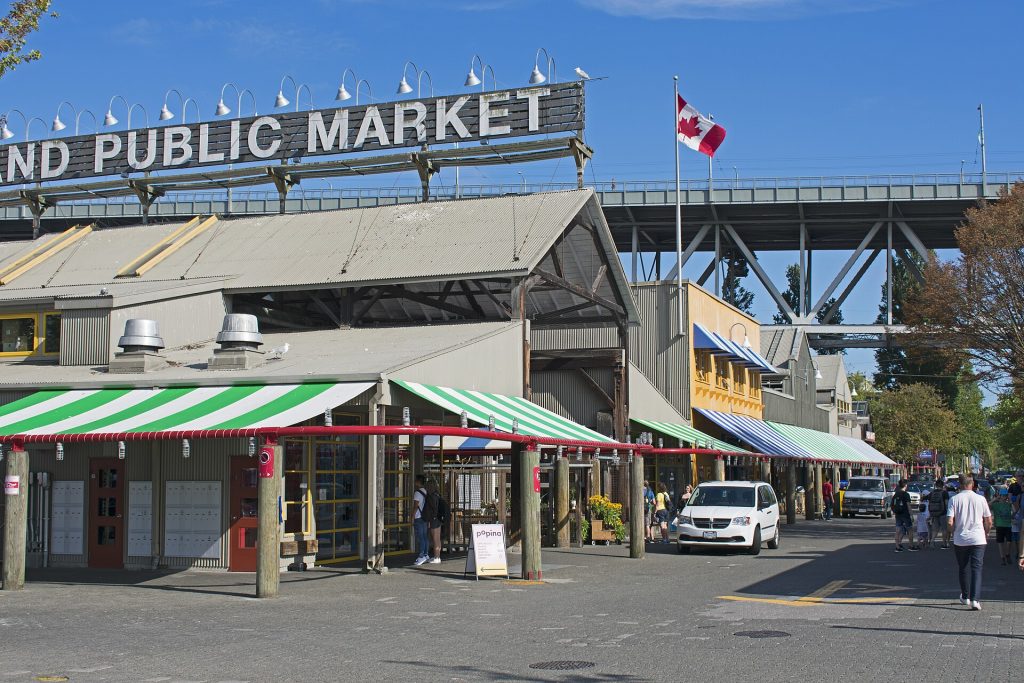 Stalls of fresh produce inside Granville Island Public Market