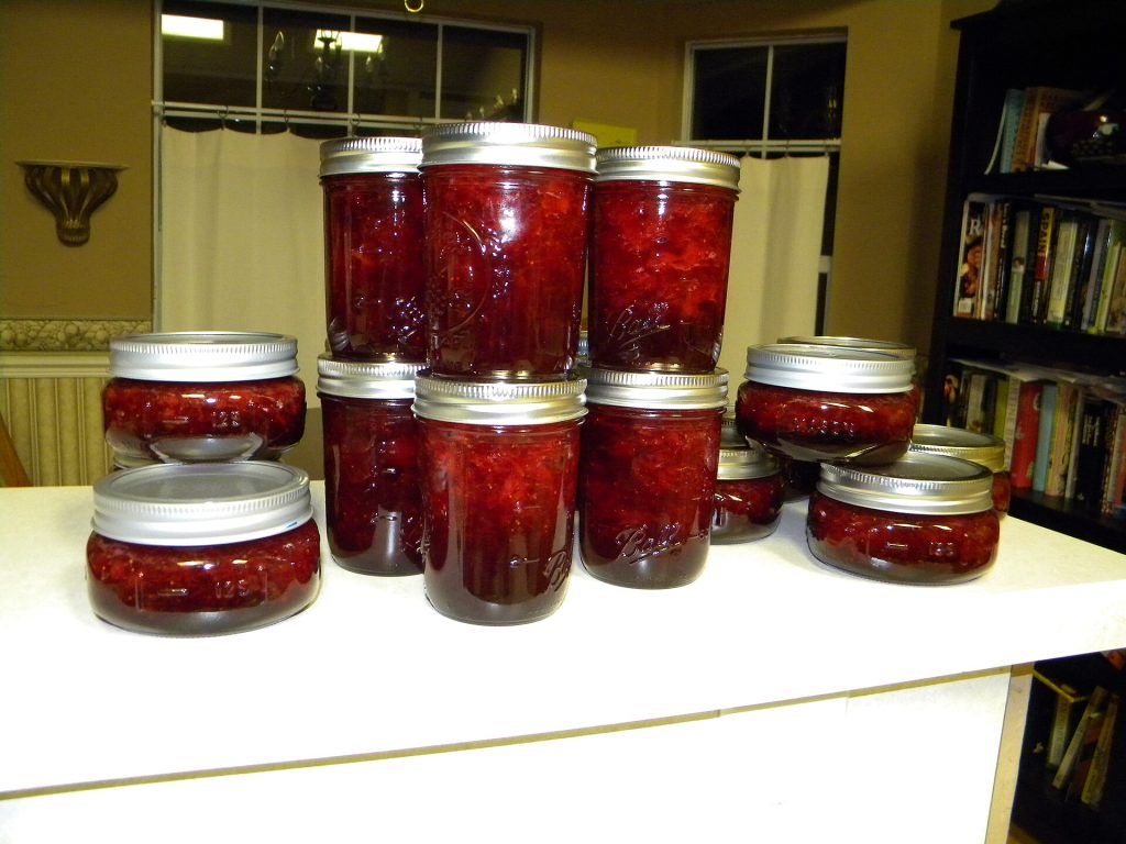 Jars of homemade strawberry jam