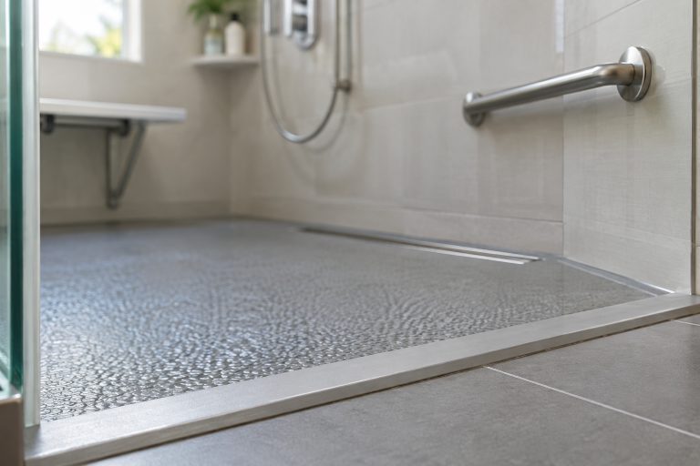 A renovated accessible bathroom with a low-threshold shower and grab bars