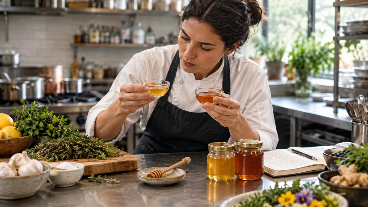 Chef Comparing Local Honey Samples