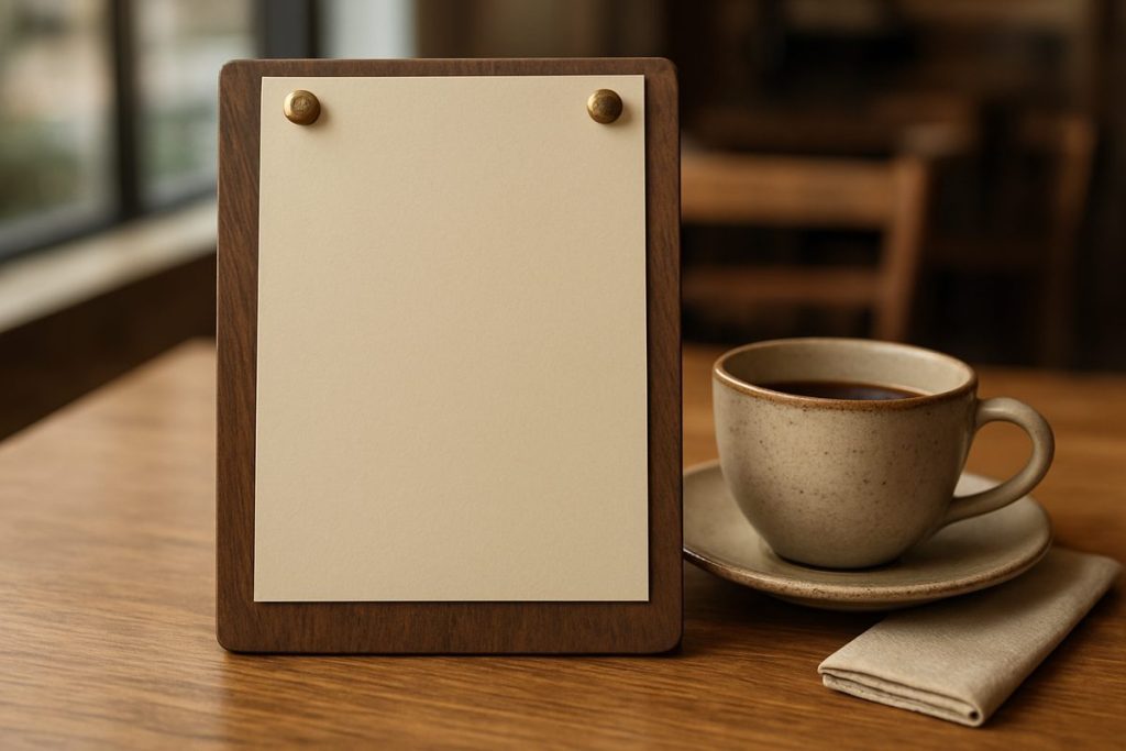 Wooden handheld menu board with a blank sheet on a cafe table
